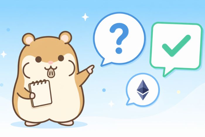 左下に立つハムスターが、右側に並ぶ「?」「✓」「菱形シンボル」が入った3つの吹き出しをメモ帳を持ちながら指し示しているイラスト