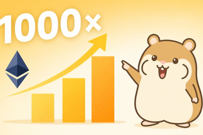 右肩上がりの棒グラフと「1000×」の大きな数字表記を、右下に立つハムスターが嬉しそうに指し示しているイラスト