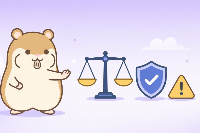 左寄りに立つハムスターが、天秤・盾・注意マークのアイコンを前に落ち着くジェスチャーをしているイラスト
