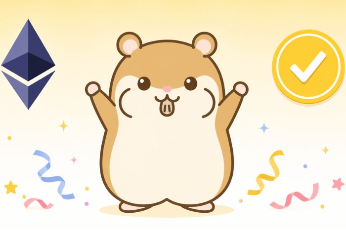 中央に立つハムスターが両腕を上に挙げてガッツポーズをとり、周囲に菱形シンボル・チェックバッジ・リボン装飾が配置されたイラスト