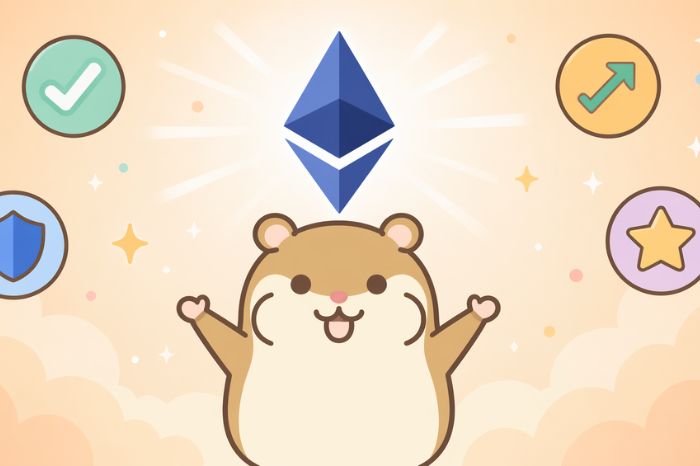 中央下部に立つハムスターが両腕を広げ、四隅にチェックマーク・上向き矢印・盾・星のアイコンが散りばめられたイラスト