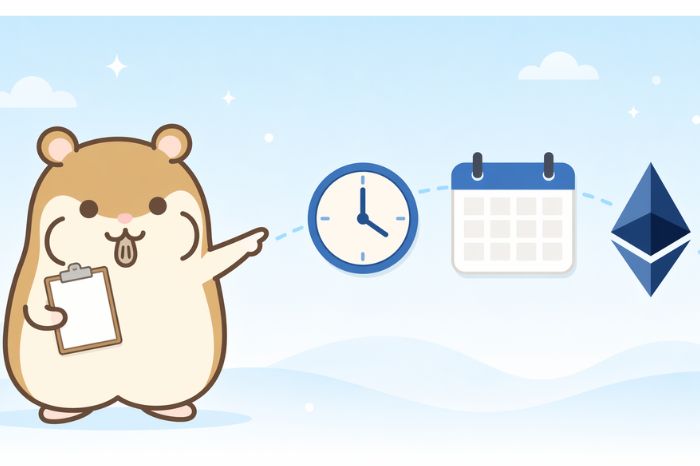 左側に立つハムスターが、右側に並ぶ時計・カレンダー・通貨シンボルのアイコンを指しながらクリップボードを抱えているイラスト