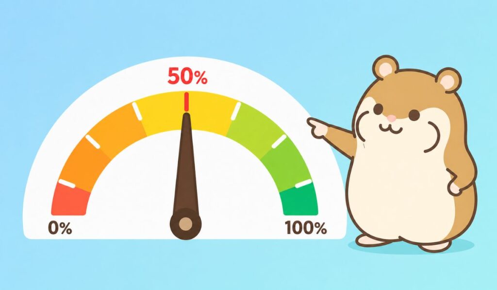 半円形のスピードメーター50%地点を指差している茶色いハムスターのイラスト