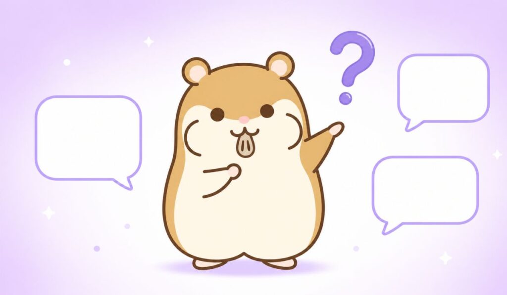 クエスチョンマークと3つの吹き出しに囲まれて質問を受け付ける茶色いハムスター