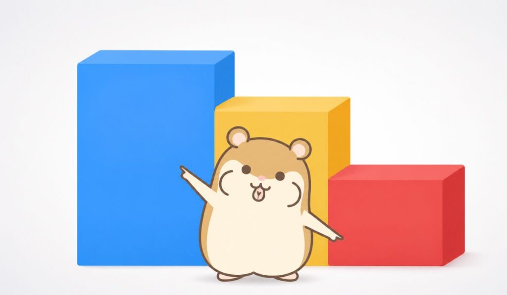 青黄赤の3段階階段グラフを両腕で示している茶色いハムスターのイラスト