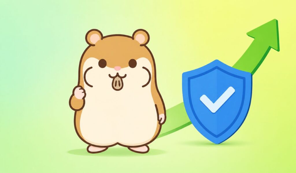 青い盾と緑の上昇矢印を背にガッツポーズをとる茶色いハムスターのイラスト