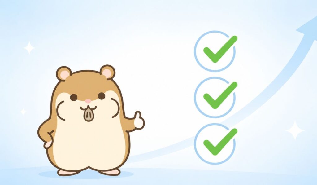 3つの緑のチェックマークの横でサムズアップする自信ありげな茶色いハムスター