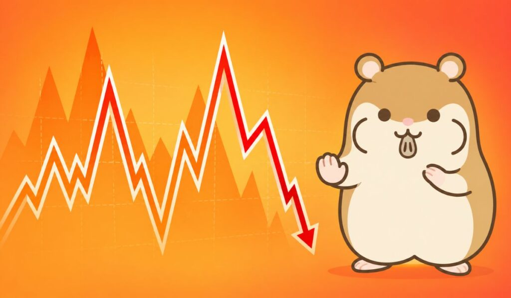 赤くハイライトされた急変動の波線グラフの隣で警戒姿勢をとる茶色いハムスター