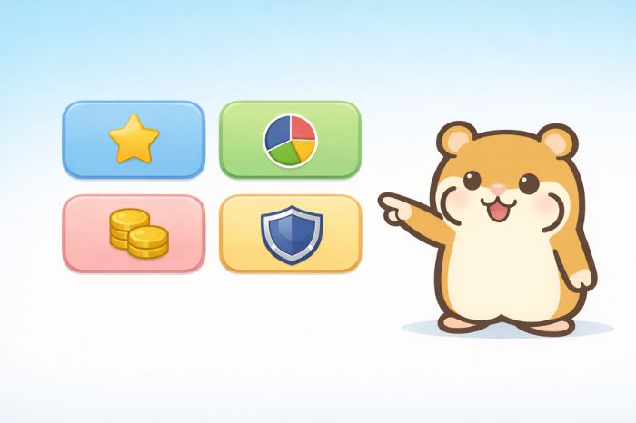 4つのカードで口座タイプを示し選択肢を指し示すハムスターキャラクターのイラスト