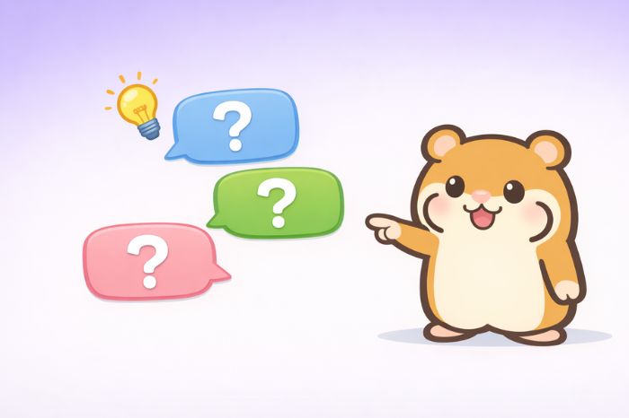 3つの吹き出しとクエスチョンマークで質問に答えるハムスターキャラクターのイラスト