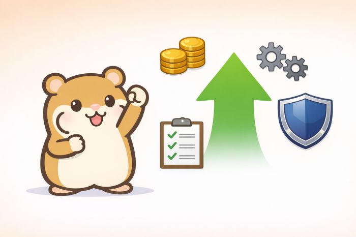 上向き矢印とコイン・歯車・盾のアイコンでガッツポーズをするハムスターキャラクターのイラスト
