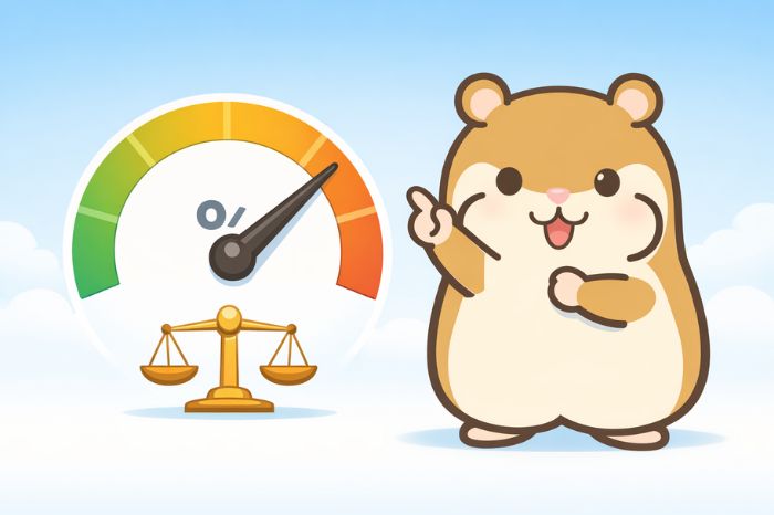 パーセンテージゲージと天秤を示すハムスターキャラクターのイラスト