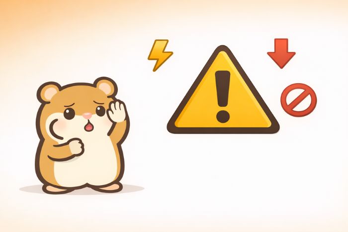三角形の注意マークと複数の警告アイコンで注意を促すハムスターキャラクターのイラスト