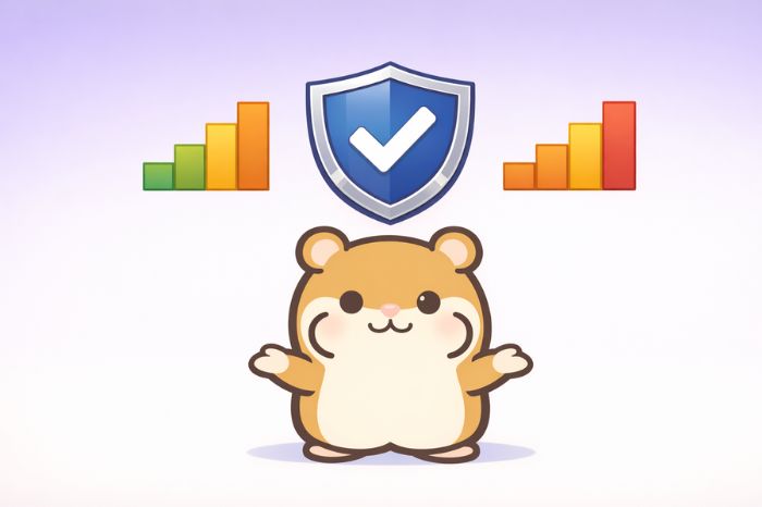 盾のシンボルと階段状のグラフで安全基準を示すハムスターキャラクターのイラスト