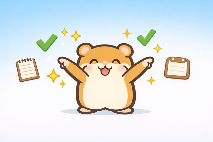 チェックマークと輝きエフェクトに囲まれて両腕を広げるハムスターキャラクターのイラスト