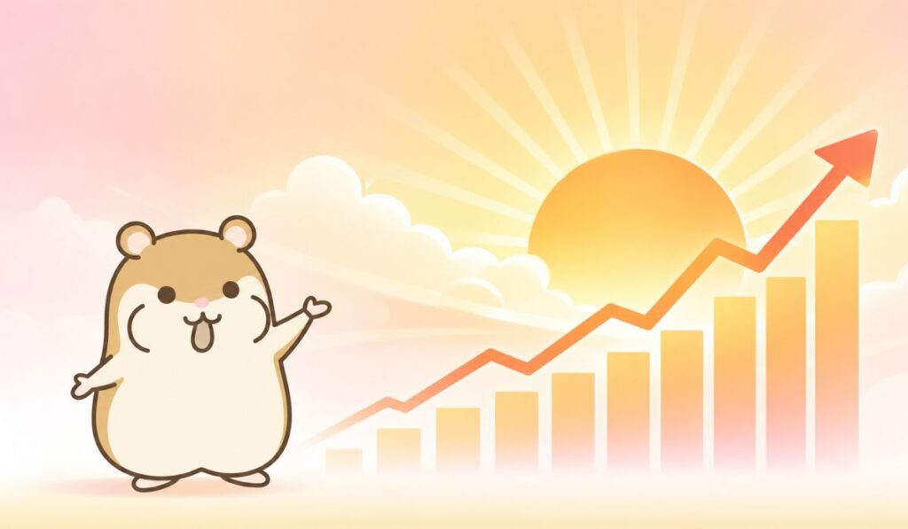 左下に立つハムスターと右側に描かれた上昇グラフとオレンジ色の朝日のシルエット