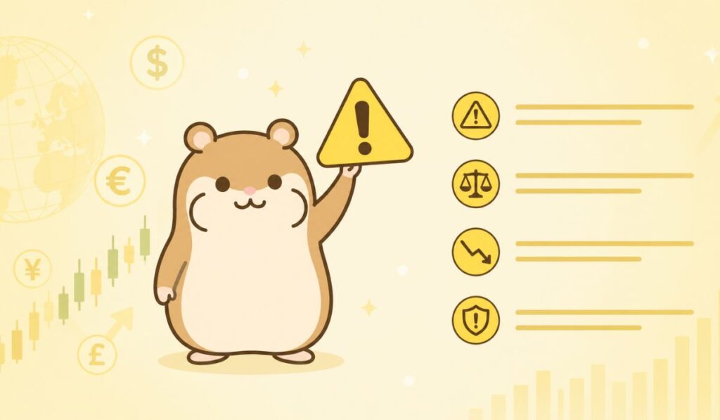 黄色い三角形の警告標識を掲げるハムスターと右側に並ぶ複数の警告アイコン