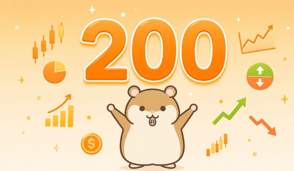 中央下部で両腕を広げるハムスターと上部に大きく配置された200の数字とアイコン群