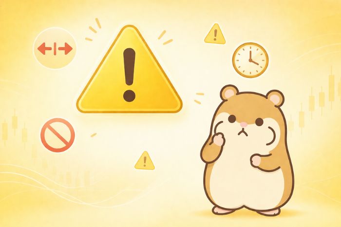 ハムスターが考え込む表情で注意マークやスプレッド拡大を示すアイコンが周囲に配置されている