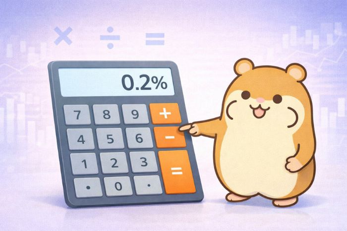 ハムスターが電卓のボタンを押して証拠金率0.2%の計算をしている
