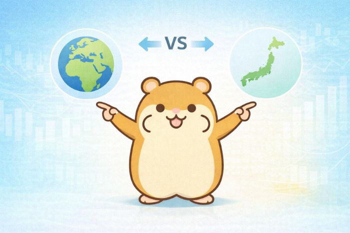 ハムスターが両腕を広げて海外FXと国内証券を象徴する2つのアイコンを比較している