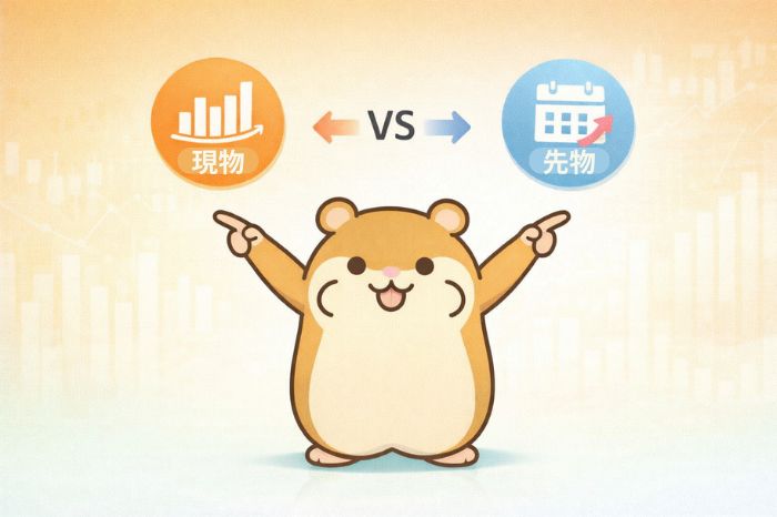 ハムスターが現物と先物の2つのアイコンをそれぞれの腕で指し示して比較している