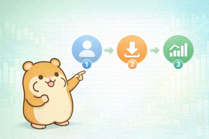 ハムスターが口座開設からMT4/MT5導入・取引開始までの3ステップを指し示している