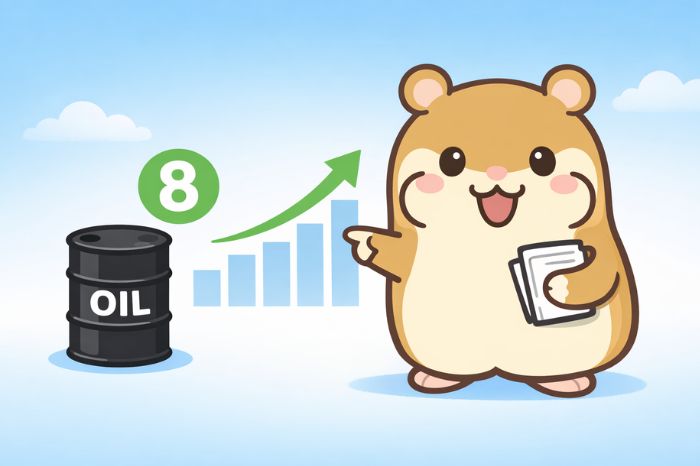 ハムスターが原油ドラム缶と上昇チャートを前に笑顔で紹介するイラスト