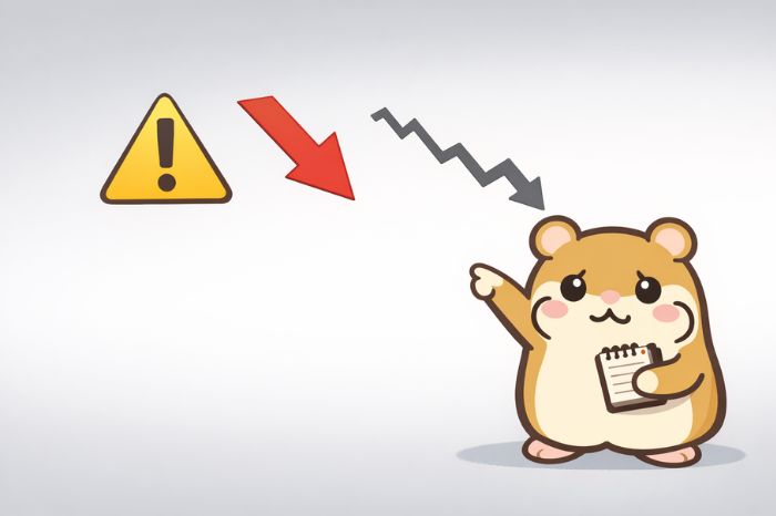 ハムスターが注意マークや下降チャートの前で困った表情を浮かべるイラスト