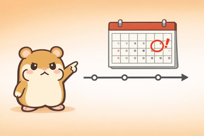 ハムスターがカレンダーの日付を指し示しながら注意を促すイラスト