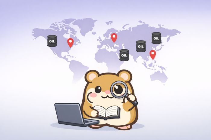 ハムスターがルーペを片手に世界地図とピンを見ながら分析するイラスト