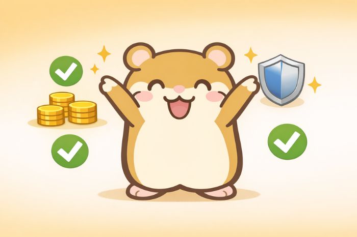 ハムスターが両腕を広げてチェックマークやコインに囲まれて喜ぶイラスト