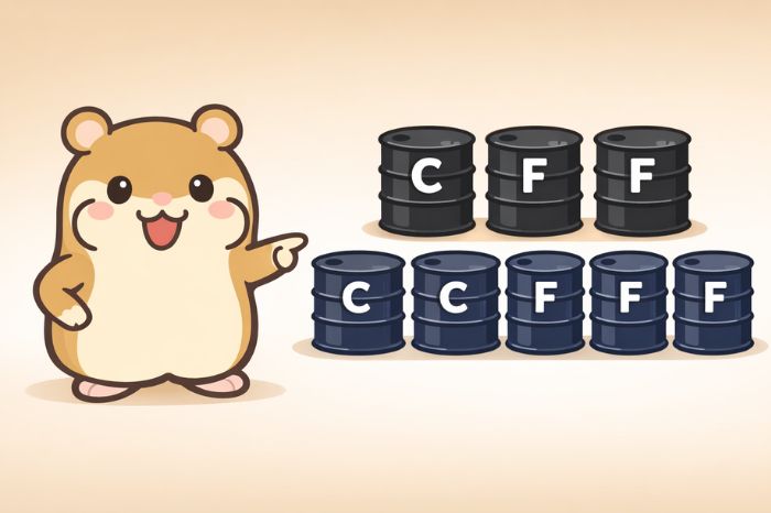 ハムスターが8つの原油ドラム缶を指し示しながら得意げに立つイラスト