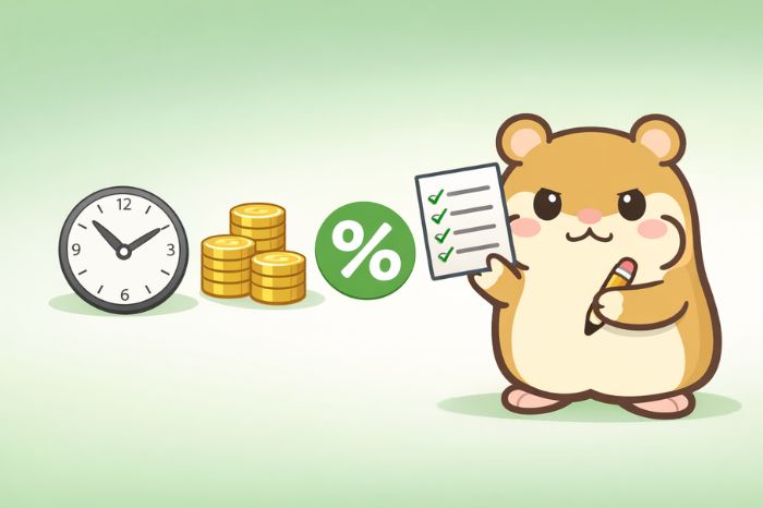 ハムスターがチェックリストと時計やコインのアイコンを前に確認するイラスト