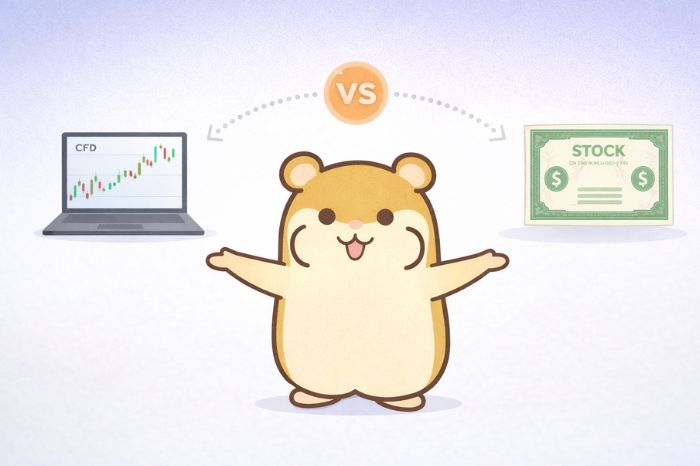 XMの株式CFDと現物株式の取引方法やコストの違いを比較するイメージ