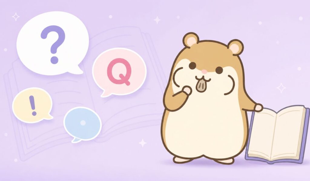 「？」「Q」「！」マークの吹き出しに囲まれて、頬に手を当て考え込むハムスター