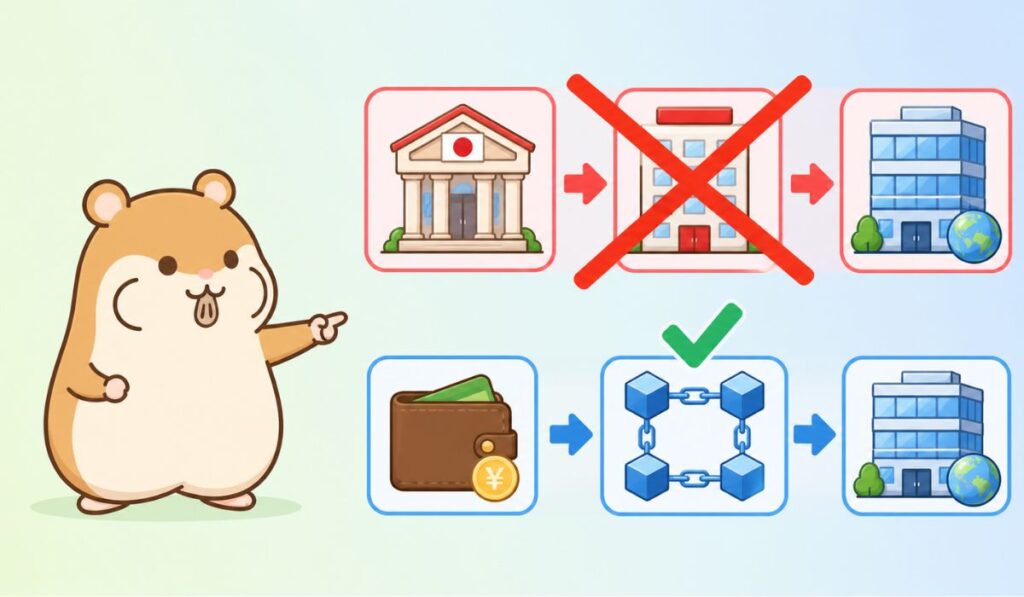 銀行経由ルートとブロックチェーン経由ルートを比較した送金経路図と、ブロックチェーン経路を指差すハムスター