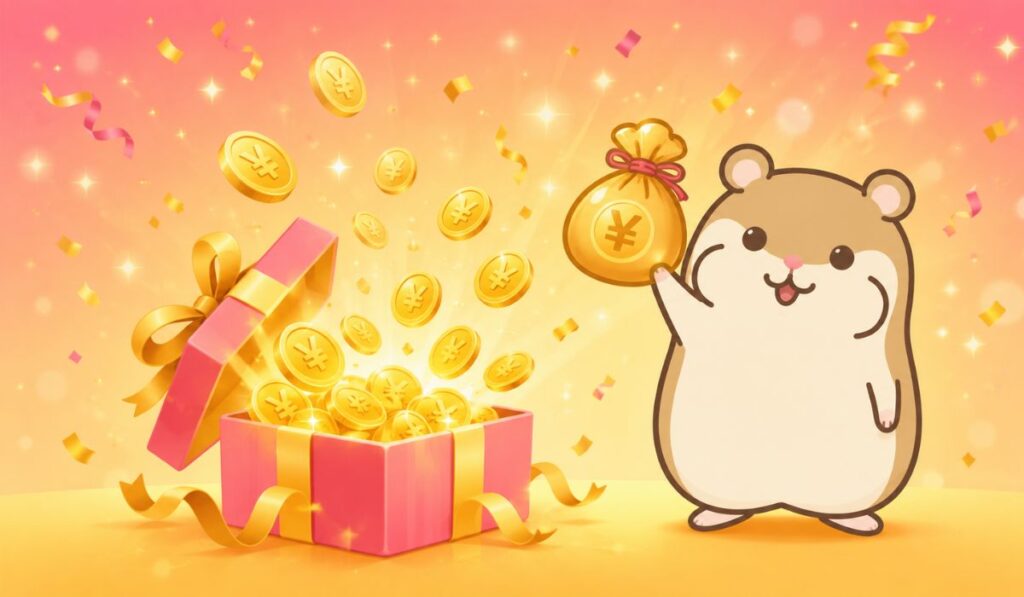 リボン付きプレゼント箱から金色のコインを高く掲げて喜ぶハムスター