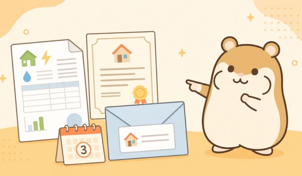 公共料金請求書や住民票などの住所確認書類を指し示すハムスターのイラスト