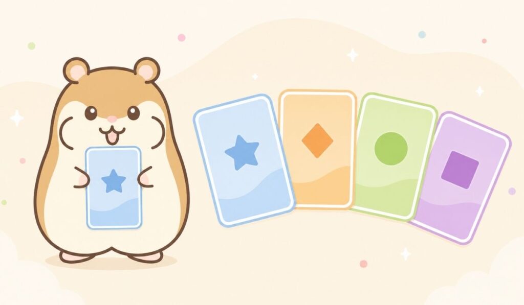 口座カードを差し出すハムスターキャラクターと扇状に並んだ色違いのカード