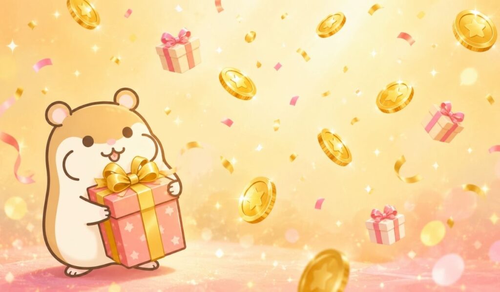 大きなプレゼントボックスを抱きかかえるハムスターキャラクターと降る金貨