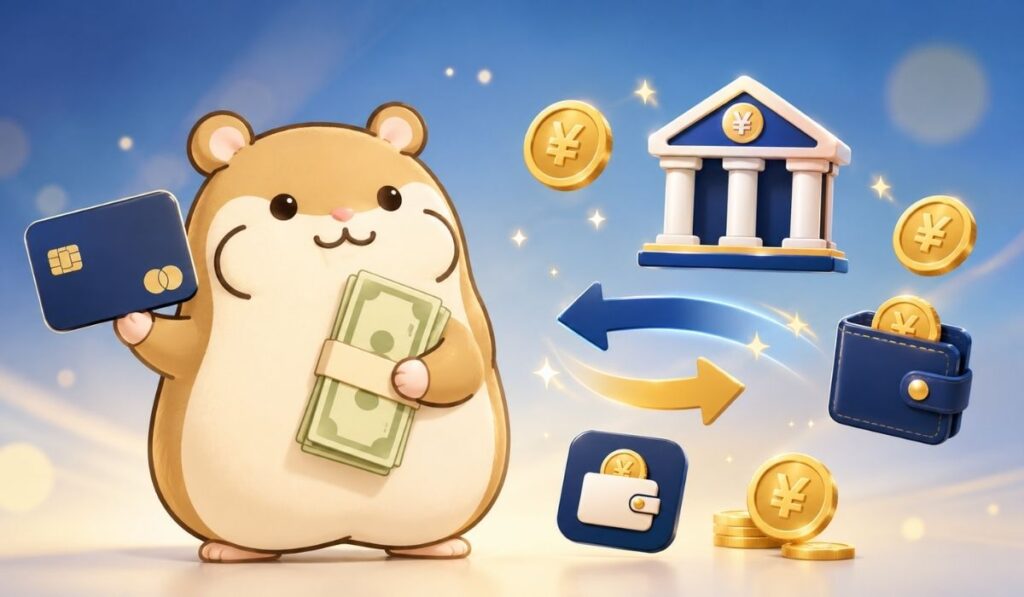 クレジットカードと札束を持つハムスターキャラクターと銀行アイコン