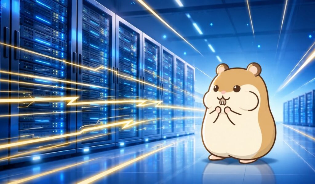 光るサーバーラックを見つめるハムスターキャラクターと稲妻のような光線