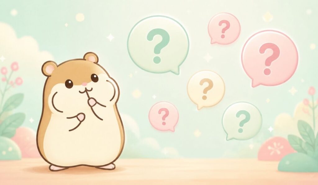 浮かぶ吹き出しを見上げて首をかしげるハムスターキャラクターと「?」マーク