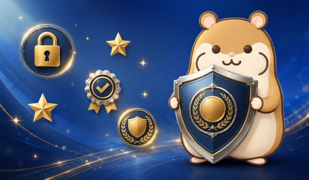 大きな盾を掲げるハムスターキャラクターと南京錠や認証エンブレム