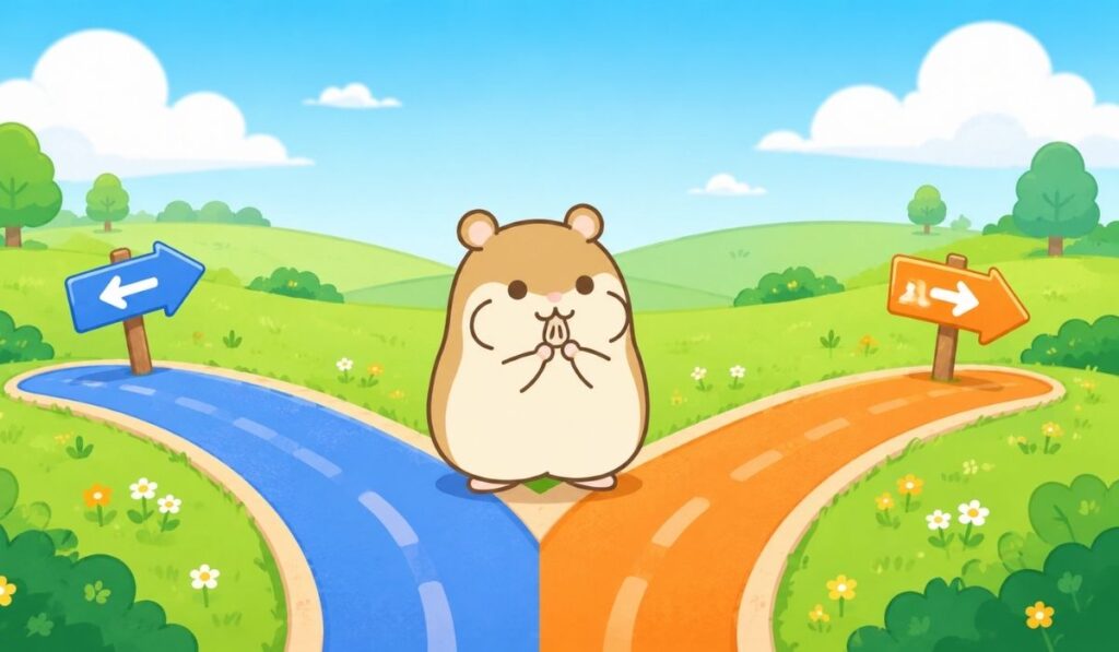 左右に分かれる道の分岐点に立つハムスターキャラクターと2つの道しるべ