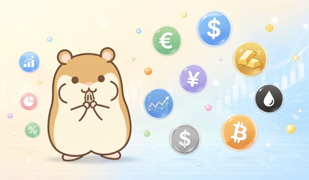 通貨やゴールド、株式アイコンに囲まれたハムスターキャラクター