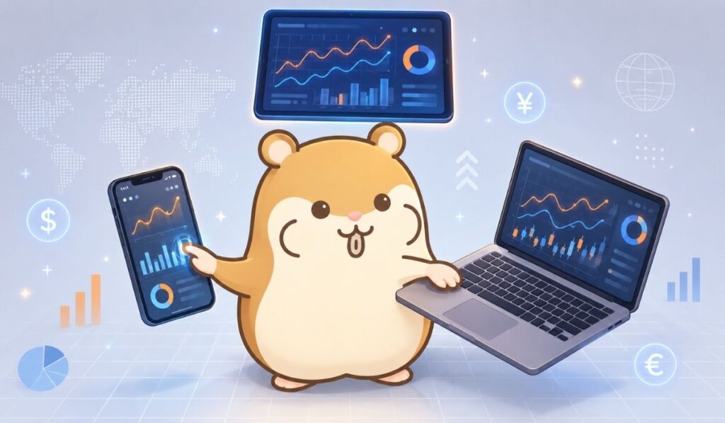 ノートPCとスマートフォンを操作するハムスターキャラクターと浮かぶデバイス