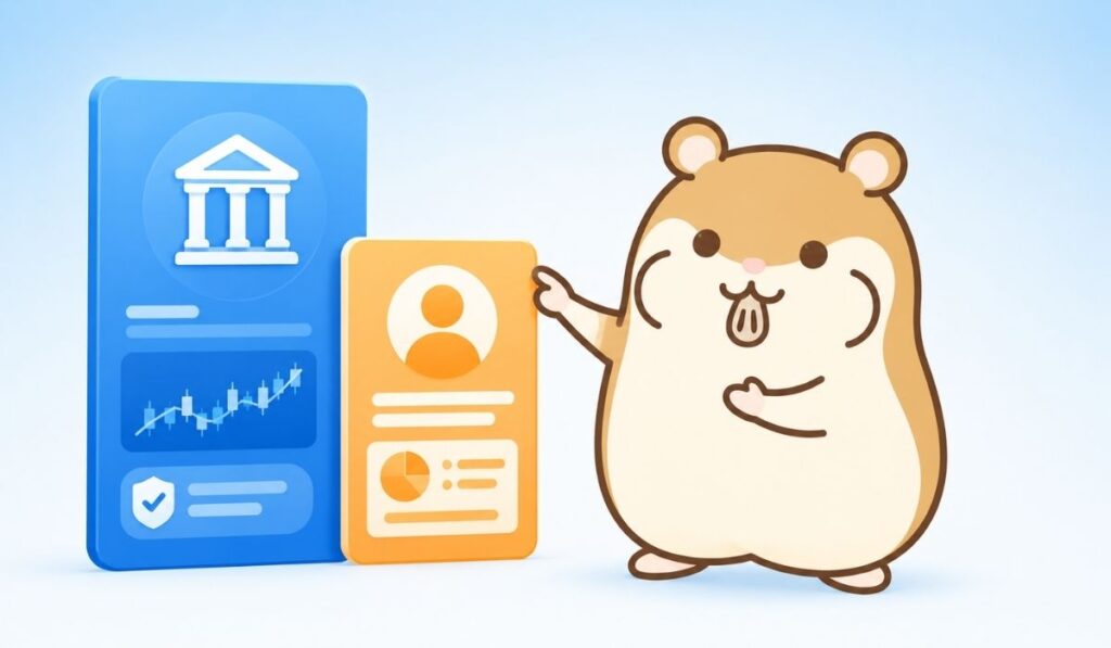 水色の背景の中央にハムスターが立ち、左側に青色とオレンジ色のプロフィールカードが2枚並んでいるイラスト