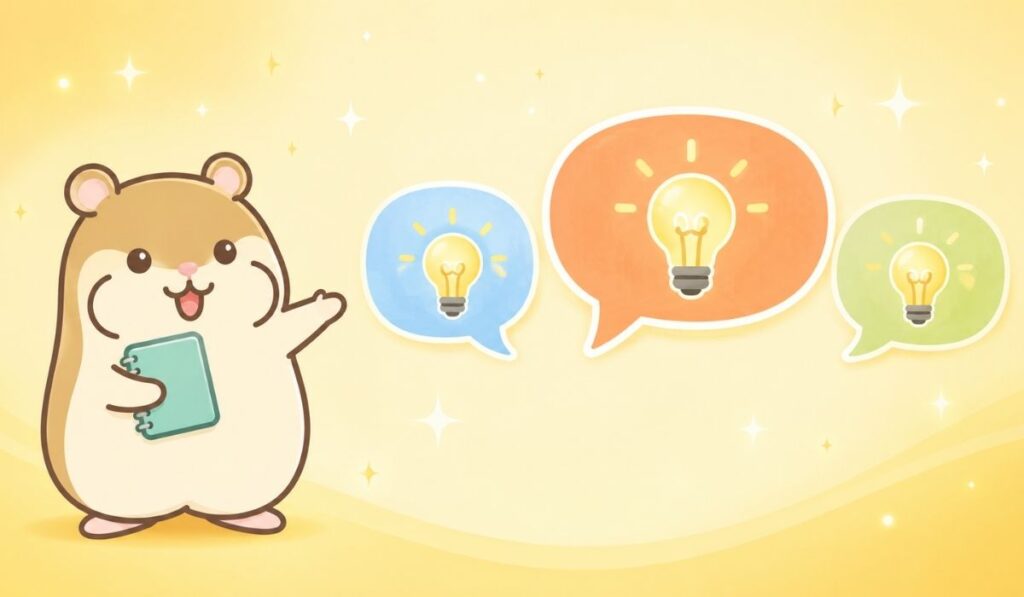 イエローとクリーム色の背景の左側にハムスターが立ち、右側に色違いの吹き出し3つと電球のイラストが描かれているイラスト
